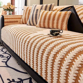 Fine Stripes Khaki couch cover — Striped & Botanical Plush Non-Slip Couch Cover