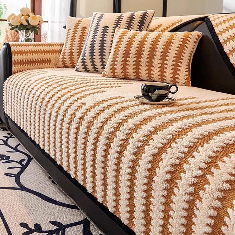 Fine Stripes Khaki couch cover — Striped & Botanical Plush Non-Slip Couch Cover