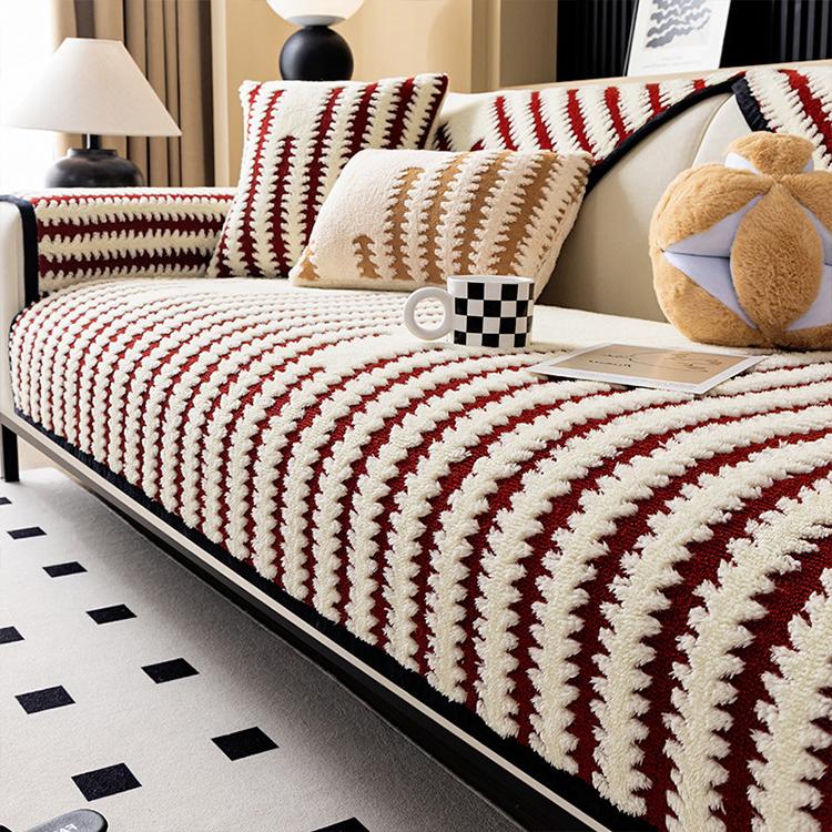 Fine Stripes Wine Red couch cover — Striped & Botanical Plush Non-Slip Couch Cover