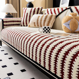 Fine Stripes Wine Red couch cover — Striped & Botanical Plush Non-Slip Couch Cover