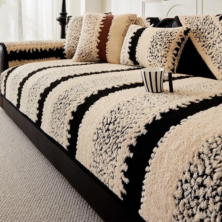 Wide Stripes Black couch cover — Striped & Botanical Plush Non-Slip Couch Cover