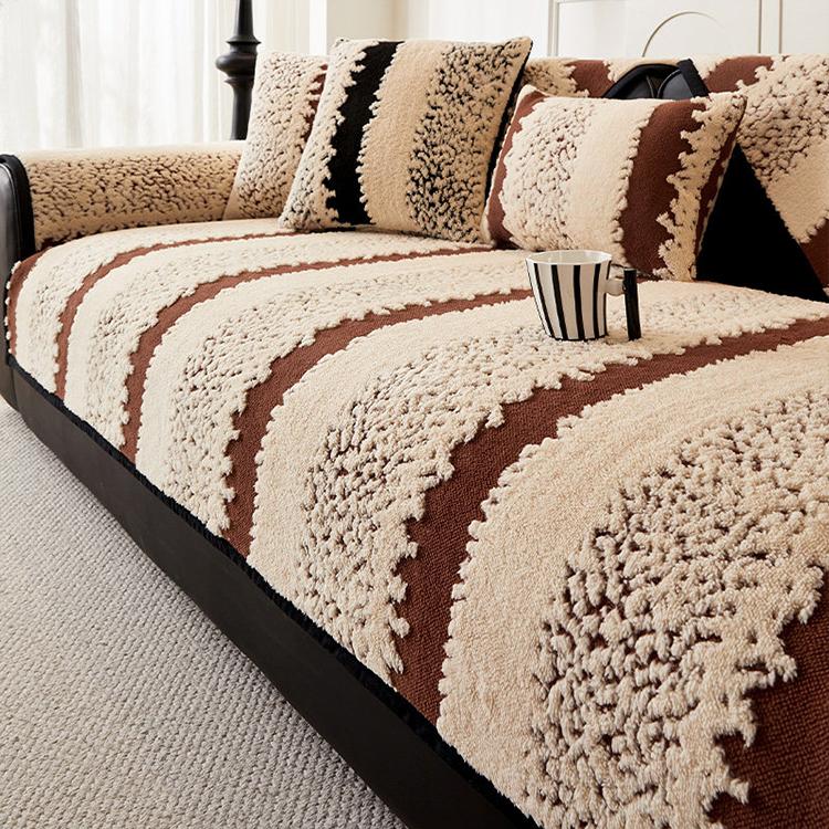 Wide Stripes Brown couch cover — Striped & Botanical Plush Non-Slip Couch Cover