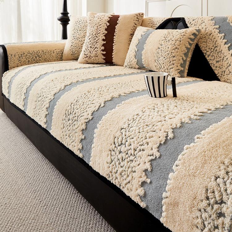 Wide Stripes Gray couch cover — Striped & Botanical Plush Non-Slip Couch Cover