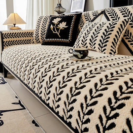 Leaf Pattern Black couch cover — Striped & Botanical Plush Non-Slip Couch Cover