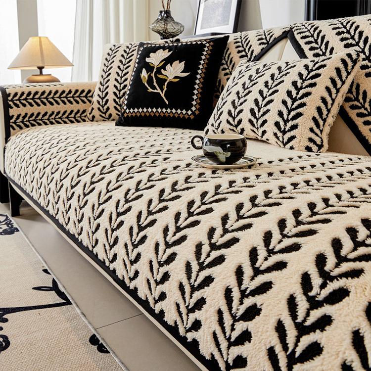 Leaf Pattern Black couch cover — Striped & Botanical Plush Non-Slip Couch Cover