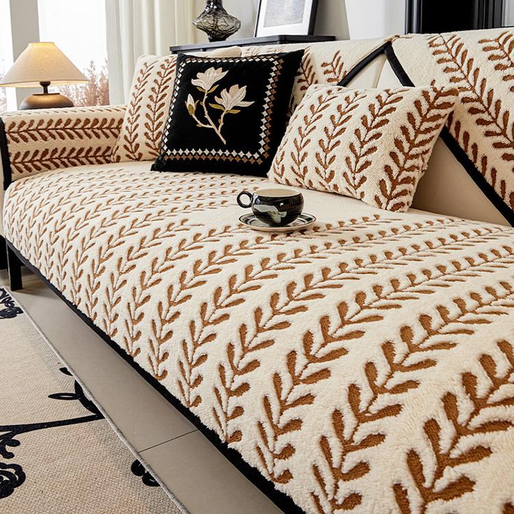 Leaf Pattern Brown couch cover — Striped & Botanical Plush Non-Slip Couch Cover