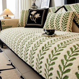 Leaf Pattern Green couch cover — Striped & Botanical Plush Non-Slip Couch Cover
