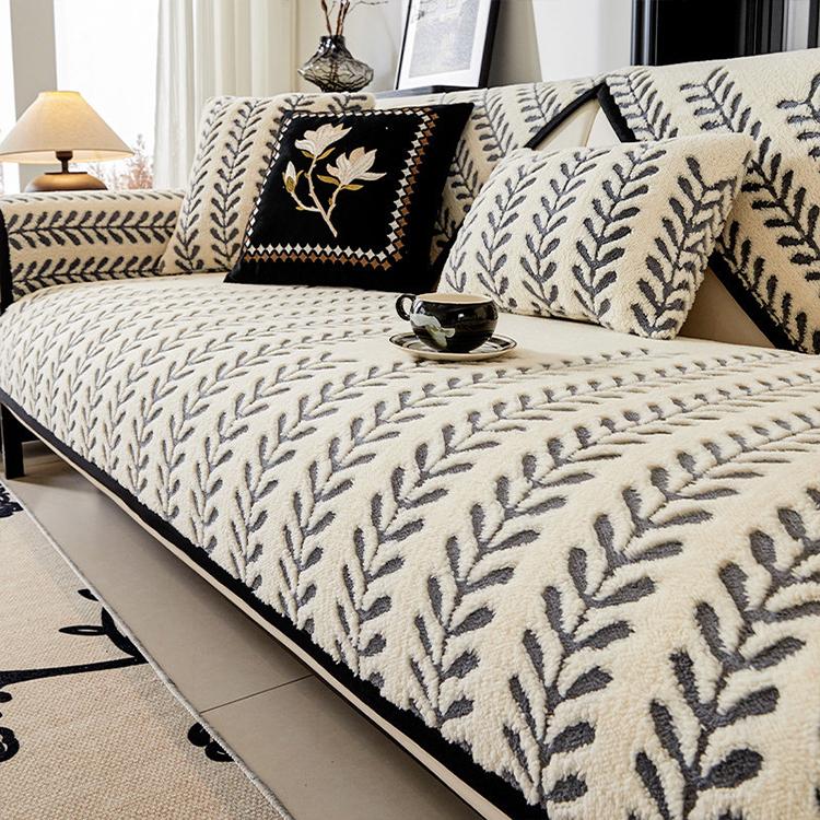 Leaf Pattern Gray couch cover — Striped & Botanical Plush Non-Slip Couch Cover