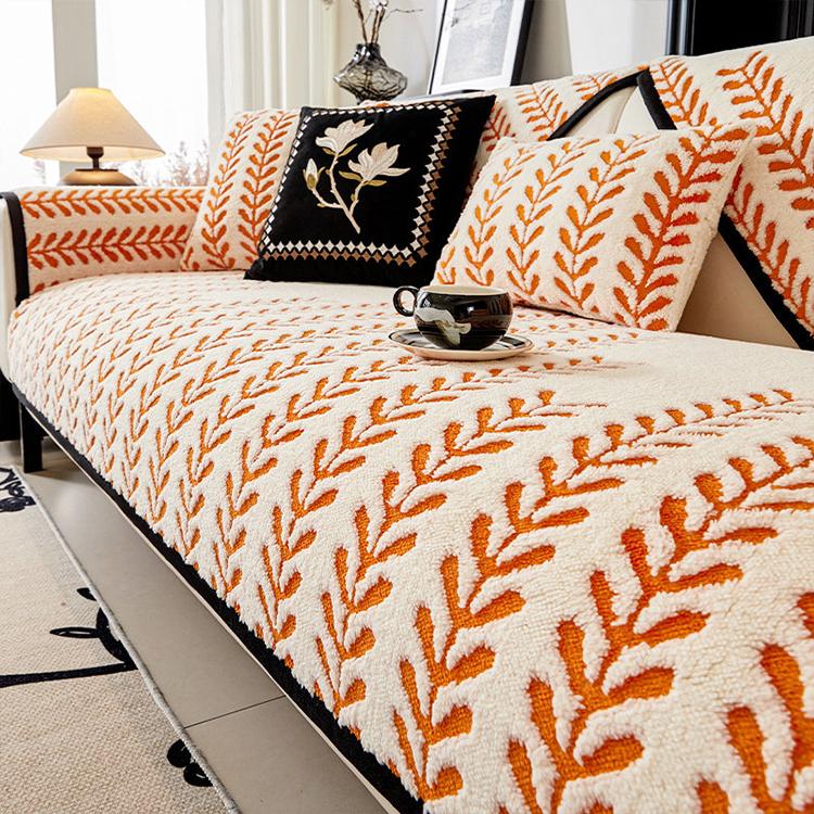 Leaf Pattern Orange couch cover — Striped & Botanical Plush Non-Slip Couch Cover