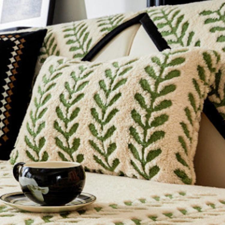 Leaf Pattern Green pillow cover — Striped & Botanical Plush Non-Slip Couch Cover