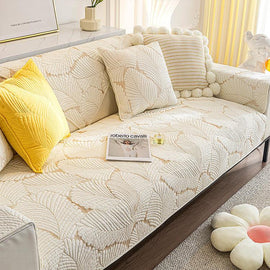  Beige couch cover — Embossed Tropical Leaf Cotton Non-Slip Couch Cover