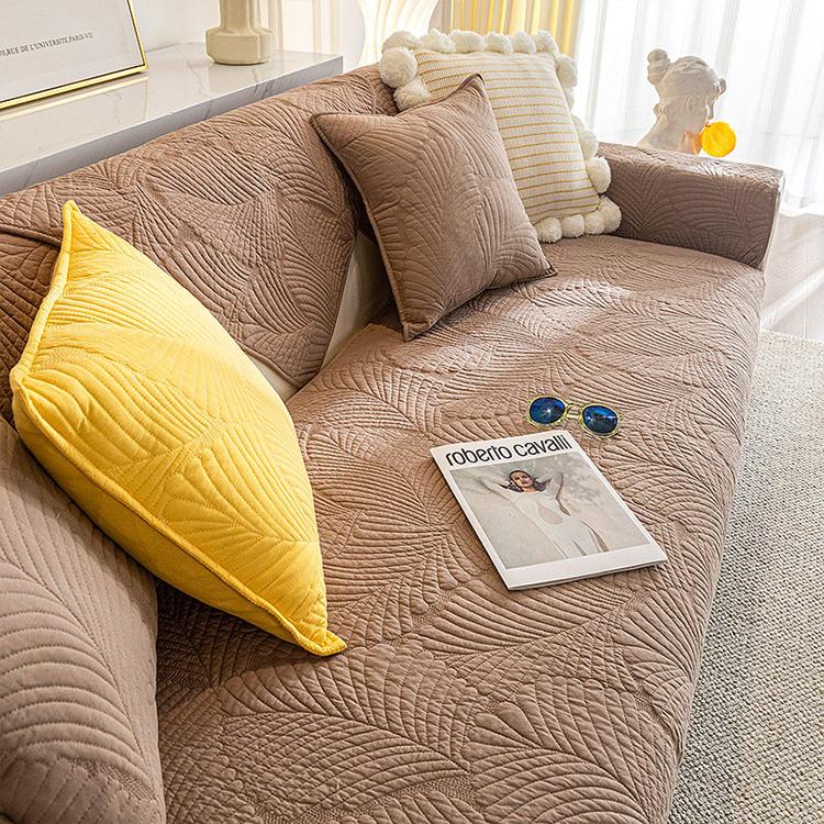  Brown couch cover — Embossed Tropical Leaf Cotton Non-Slip Couch Cover