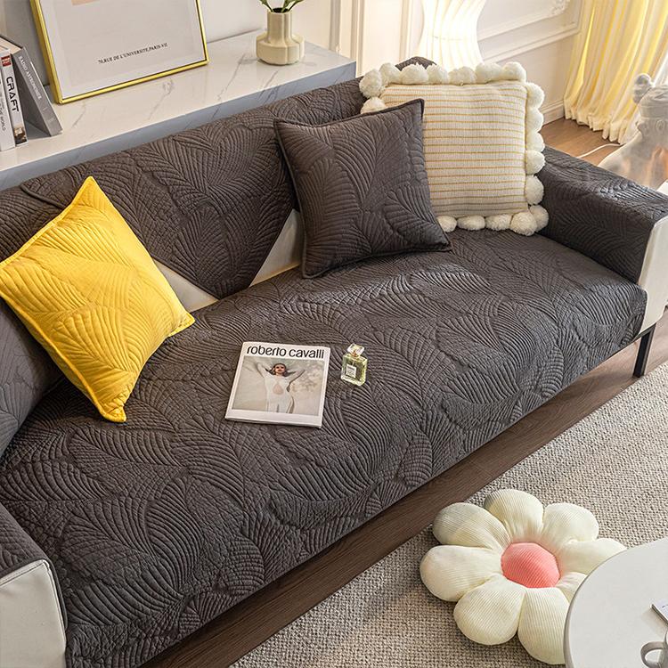  Dark Gray couch cover — Embossed Tropical Leaf Cotton Non-Slip Couch Cover