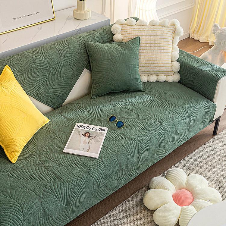  Green couch cover — Embossed Tropical Leaf Cotton Non-Slip Couch Cover