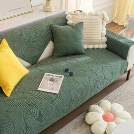  Green couch cover — Embossed Tropical Leaf Cotton Non-Slip Couch Cover