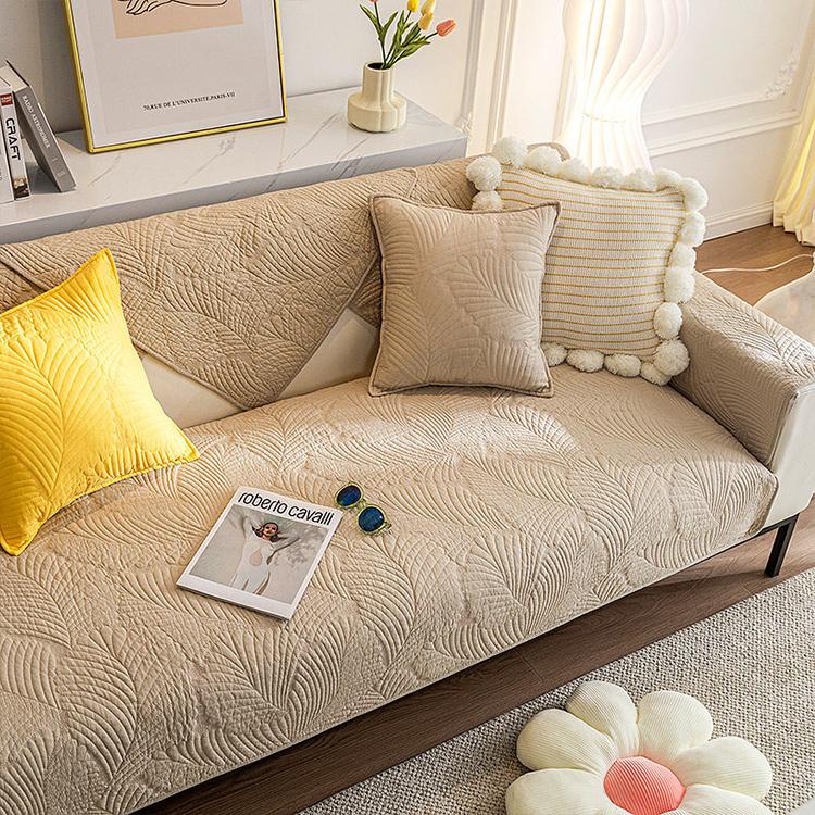  Khaki couch cover — Embossed Tropical Leaf Cotton Non-Slip Couch Cover