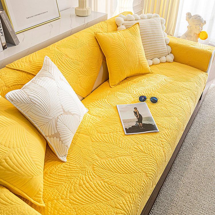  Yellow couch cover — Embossed Tropical Leaf Cotton Non-Slip Couch Cover