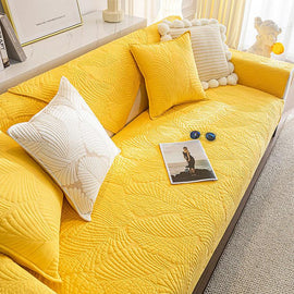  Yellow couch cover — Embossed Tropical Leaf Cotton Non-Slip Couch Cover