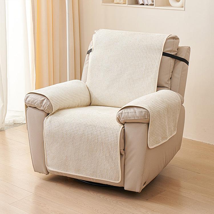 Mini Grid Beige couch cover — Chenille Non-Slip Recliner Cover with Adjustable Strap