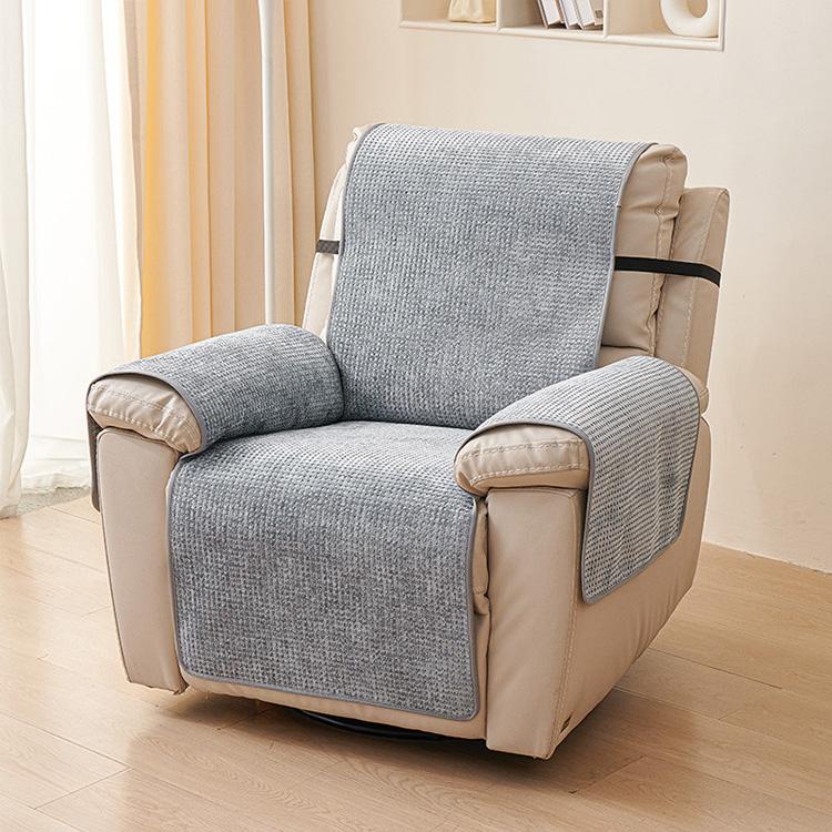 Mini Grid Blue Gray couch cover — Chenille Non-Slip Recliner Cover with Adjustable Strap
