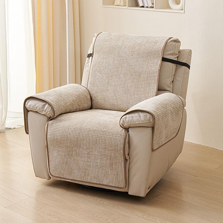 Mini Grid Khaki couch cover — Chenille Non-Slip Recliner Cover with Adjustable Strap