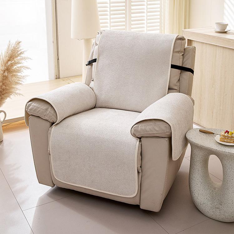 Cross Texture Beige couch cover — Chenille Non-Slip Recliner Cover with Adjustable Strap