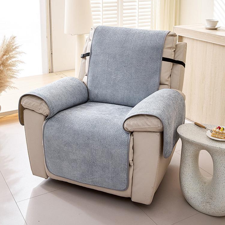 Cross Texture Blue Gray couch cover — Chenille Non-Slip Recliner Cover with Adjustable Strap