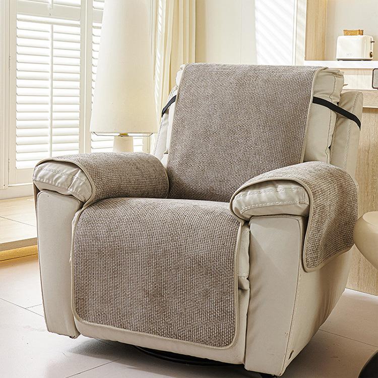 Cross Texture Light Gray couch cover — Chenille Non-Slip Recliner Cover with Adjustable Strap