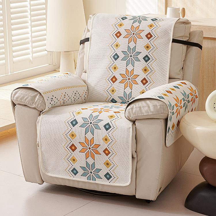 Bohemian Floral Beige couch cover — Chenille Non-Slip Recliner Cover with Adjustable Strap