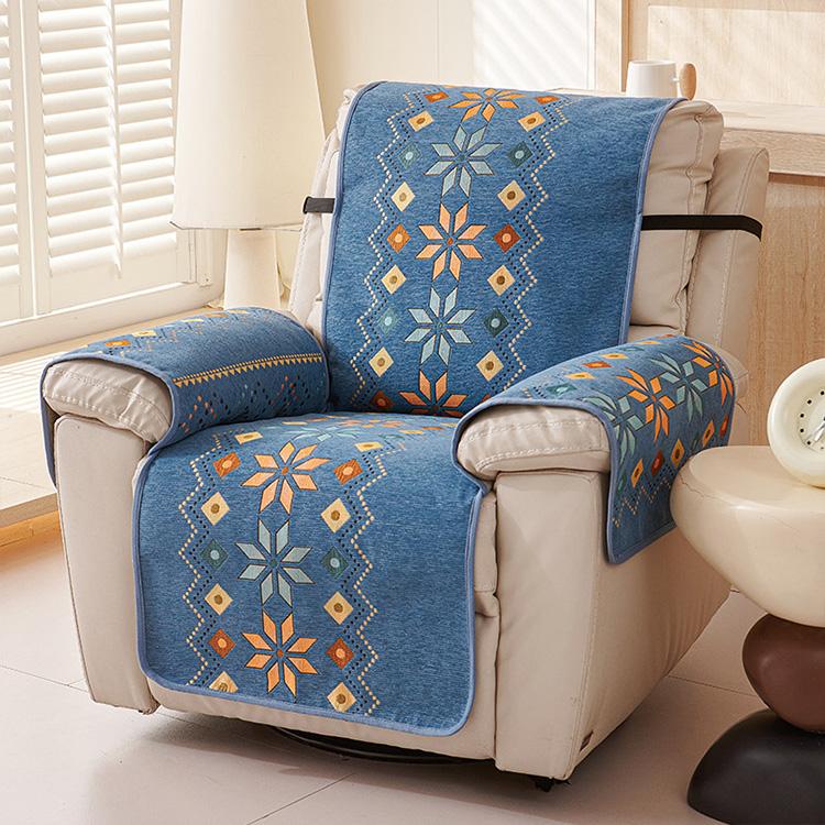 Bohemian Floral Blue couch cover — Chenille Non-Slip Recliner Cover with Adjustable Strap