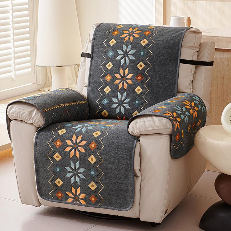 Bohemian Floral Dark Gray couch cover — Chenille Non-Slip Recliner Cover with Adjustable Strap