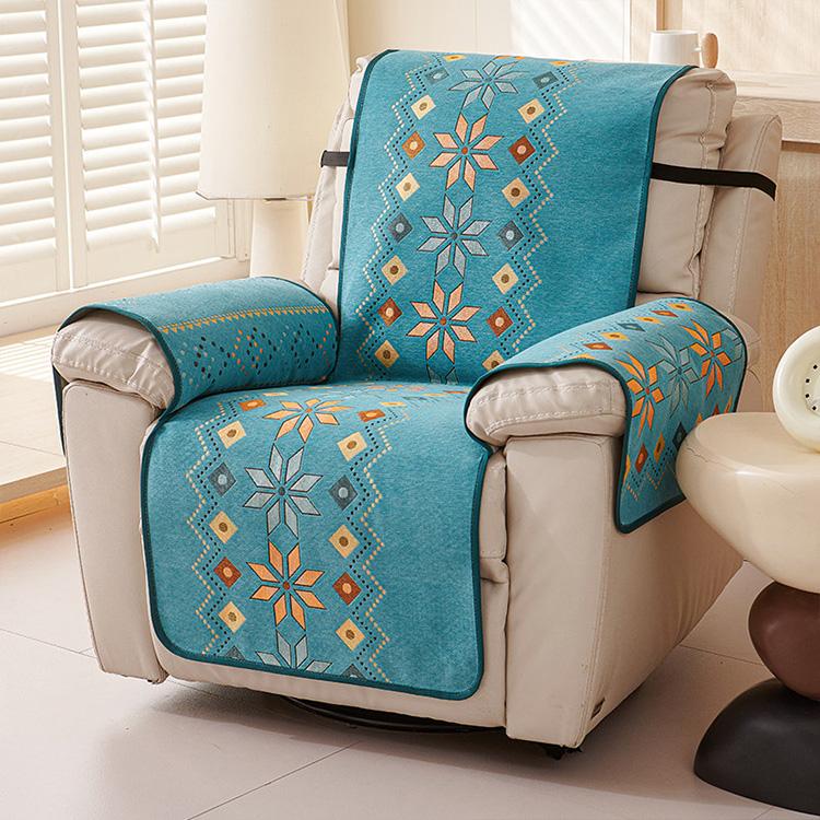 Bohemian Floral Green couch cover — Chenille Non-Slip Recliner Cover with Adjustable Strap