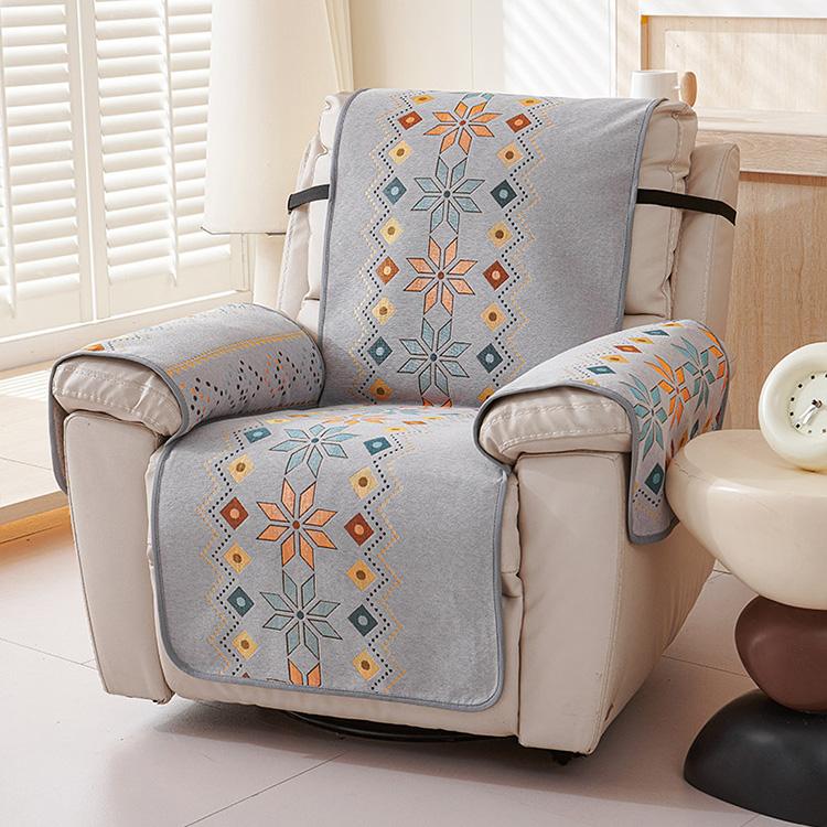 Bohemian Floral Light Gray couch cover — Chenille Non-Slip Recliner Cover with Adjustable Strap