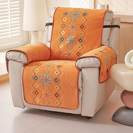 Bohemian Floral Orange couch cover — Chenille Non-Slip Recliner Cover with Adjustable Strap