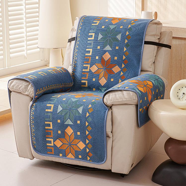 Prague Geometric Blue couch cover — Chenille Non-Slip Recliner Cover with Adjustable Strap
