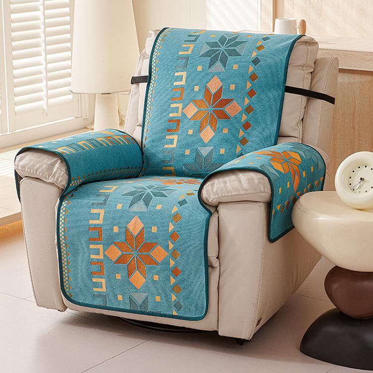 Prague Geometric Green couch cover — Chenille Non-Slip Recliner Cover with Adjustable Strap