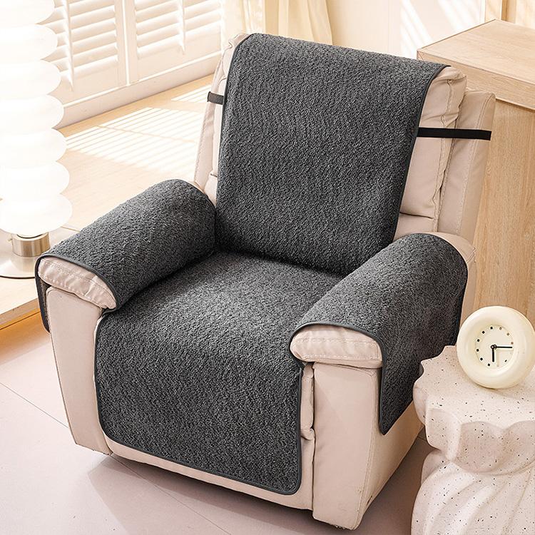 Shaggy Texture Dark Gray couch cover — Chenille Non-Slip Recliner Cover with Adjustable Strap