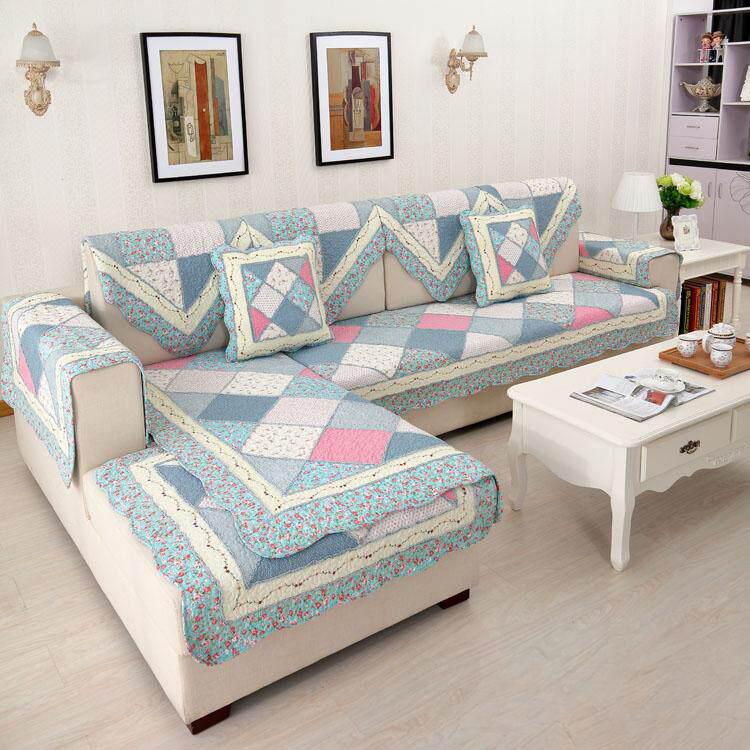 Blue & Pink Patchwork II couch cover — Vintage Patchwork Cotton Quilted Couch Cover