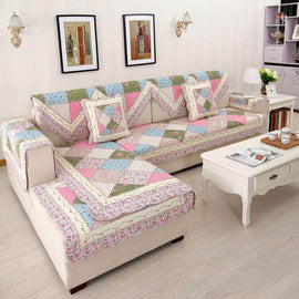Floral Pink Patchwork couch cover — Vintage Patchwork Cotton Quilted Couch Cover