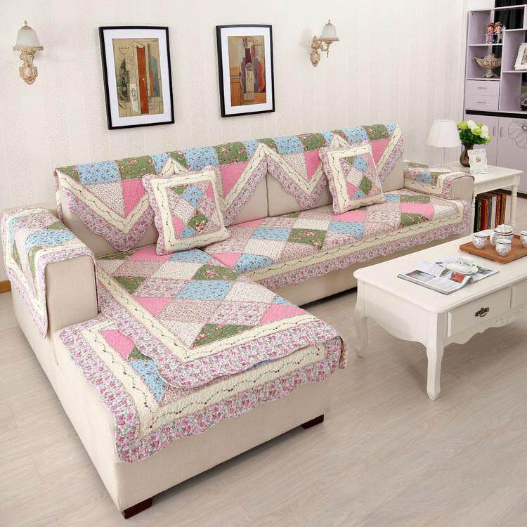 Floral Pink Patchwork couch cover — Vintage Patchwork Cotton Quilted Couch Cover