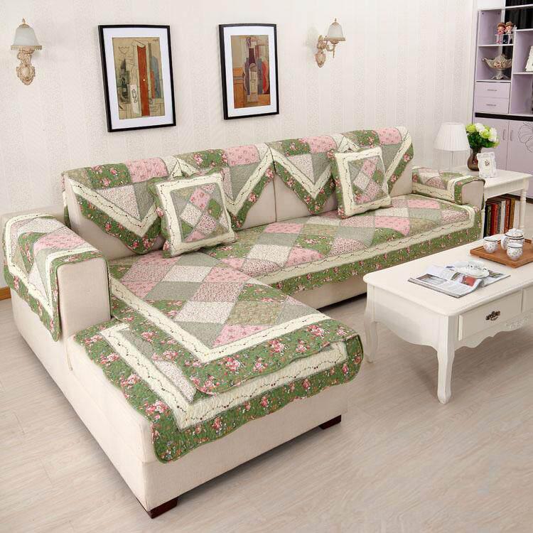 Green & Pink Patchwork II couch cover — Vintage Patchwork Cotton Quilted Couch Cover