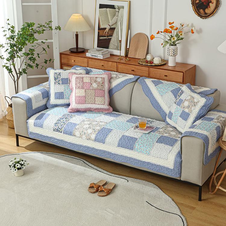 Blue Patchwork couch cover — Vintage Patchwork Cotton Quilted Couch Cover