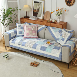 Blue Patchwork couch cover — Vintage Patchwork Cotton Quilted Couch Cover