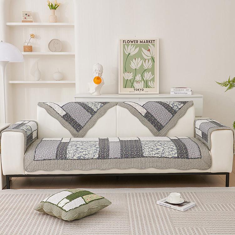 Black & Gray Stripes couch cover — Vintage Patchwork Cotton Quilted Couch Cover