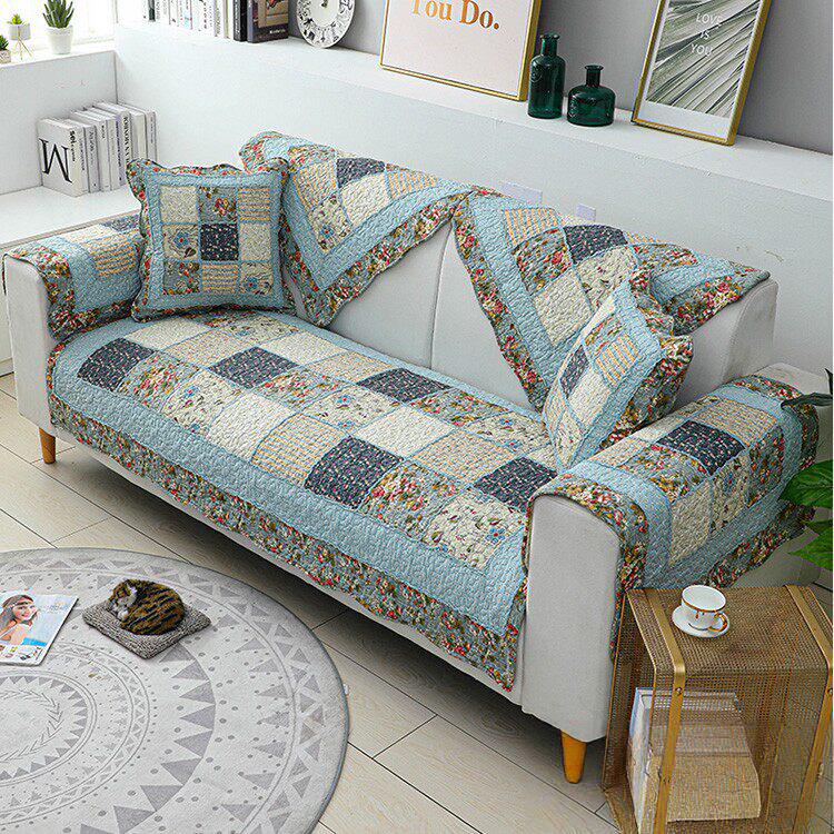 Blue Garden Patchwork couch cover — Vintage Patchwork Cotton Quilted Couch Cover
