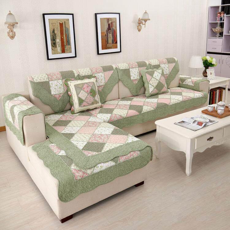 Green & Pink Patchwork I couch cover — Vintage Patchwork Cotton Quilted Couch Cover