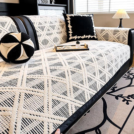 Modern Geometric Chenille Non-Slip Couch Cover styled on a sofa