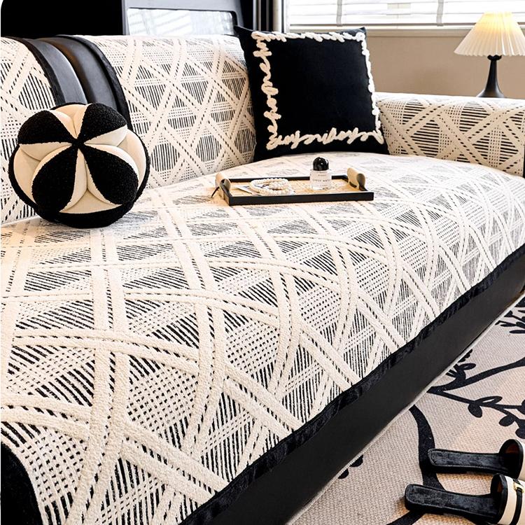 Black geometric chenille cover styled on a sofa — gsft-9055