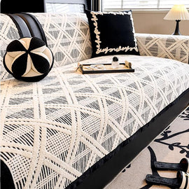 Black geometric chenille cover styled on a sofa — gsft-9055