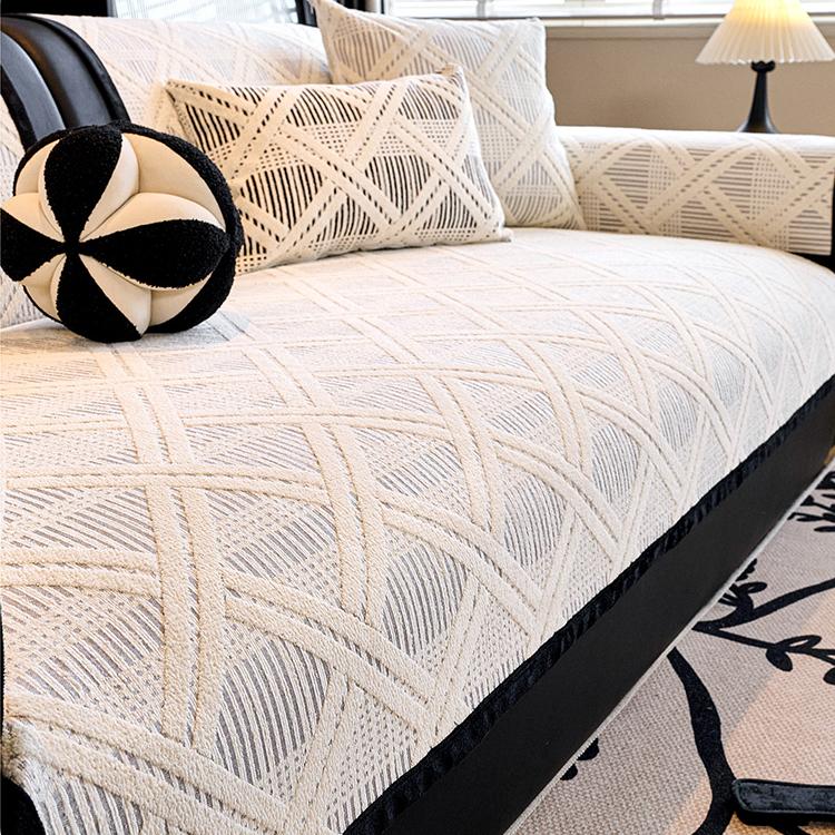 Beige geometric chenille sofa cover and pillow — gsft-9055